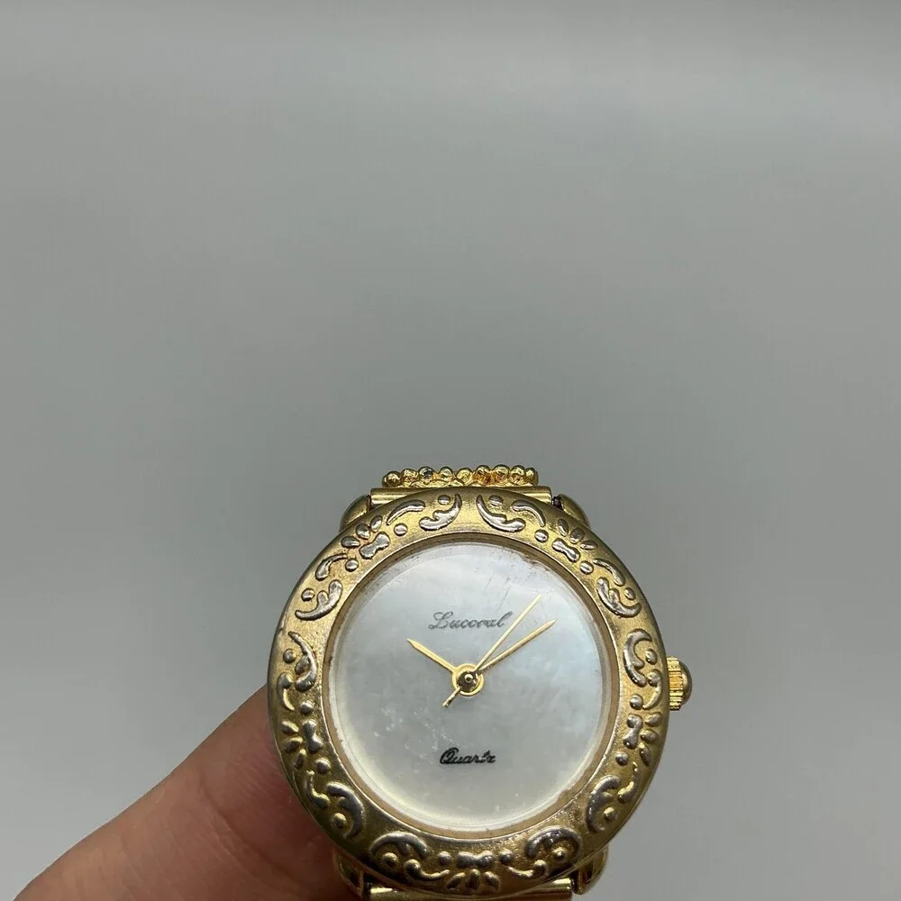 Vintage Lucoral Womens Watch 26mm White Dial Gold Tone Crystals Bracelet 7.75